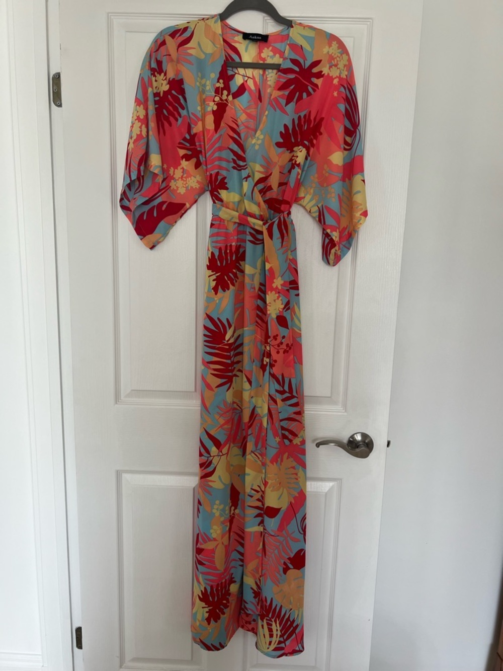 Aakaa Coral & Yellow Floral Wrap Dress
